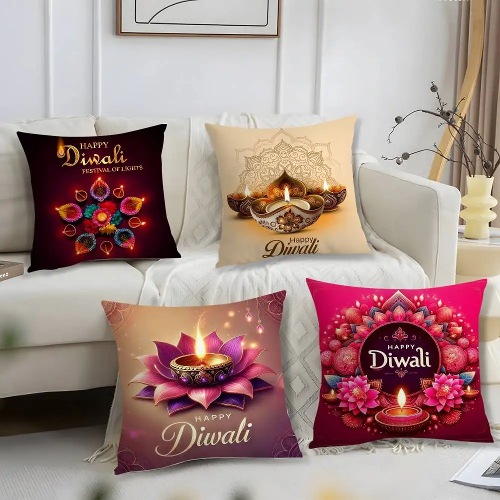 Happy Diwali Festival Kissenbezug, Büro, Sofa, Wohnheim, Stuhl, Rückenlehne, kurzer Plüsch, doppelseitiger Druck, Heimkissenbezug