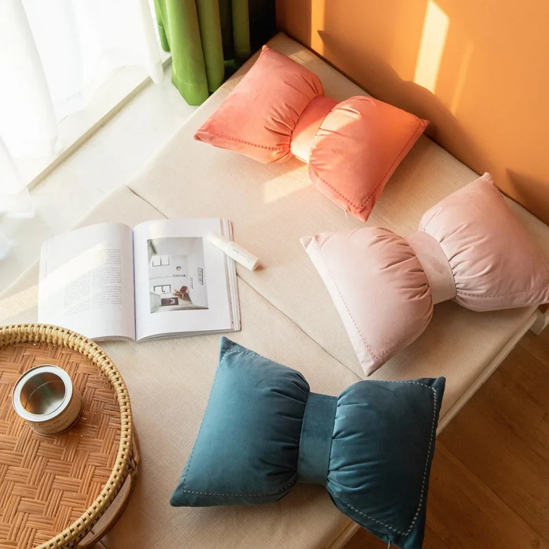 

Ins Style Bowknot Velvet Lumbar Pillow Solid Color Nordic Waist Cushion For Sofa Bed Backrest Pillow