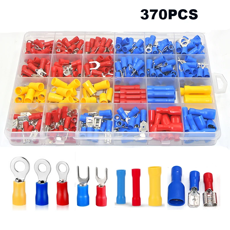 370Pcs 24value Assorted Insulated Electrical Wire Terminals Crimp Connector Spade Butt Ring Fork Set #4 to 1/4