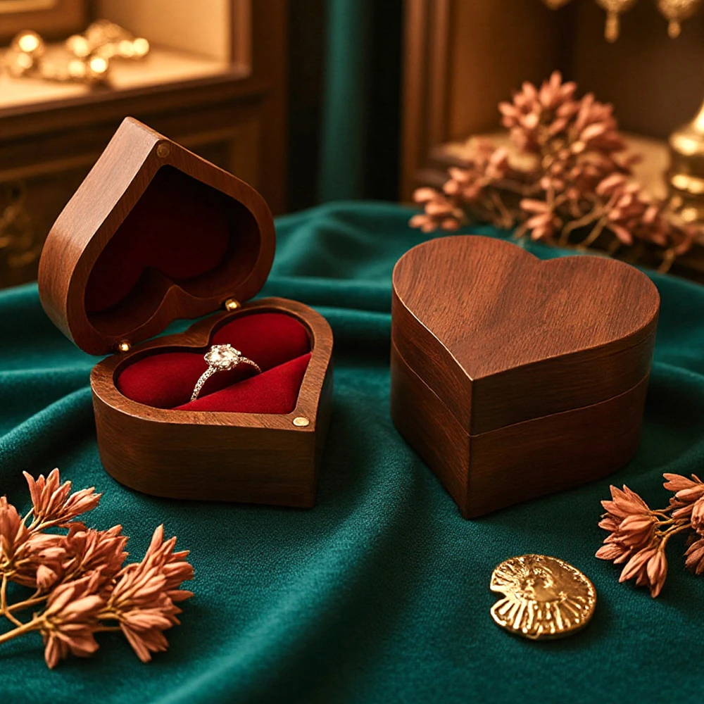Vintage Heart Shape Walnut Wood Ring Box for Men Women Handmade Jewelry Storage Case Valentine's Day Gift Custom Logo Available