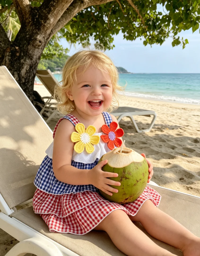Girls Summer Beach Dress Sling Plaid Layered Cake Skirt Crochet Big Flower Kids Holiday Vacation Outfits