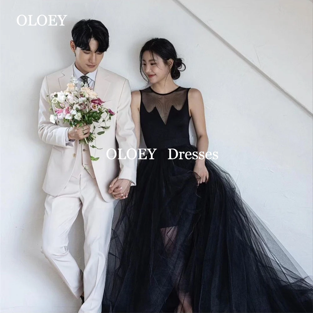 

OLOEY Sexy Black Sleeveless Prom Dresses Korea Photoshoot Floor Length O Neck Wedding Party Gowns A Line Soft Tulle Customized