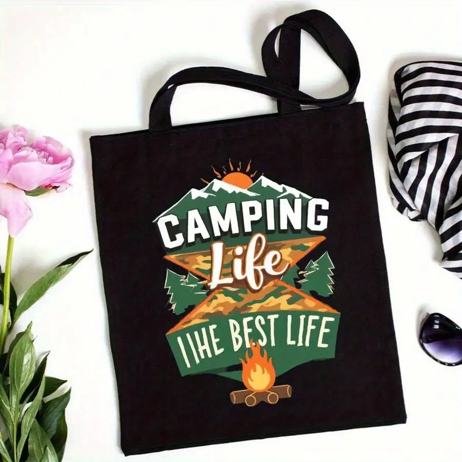 

Camping Life Tote Bag With Mountain Tent Campfire Print For Outdoor Hiking Picnic Daily Use