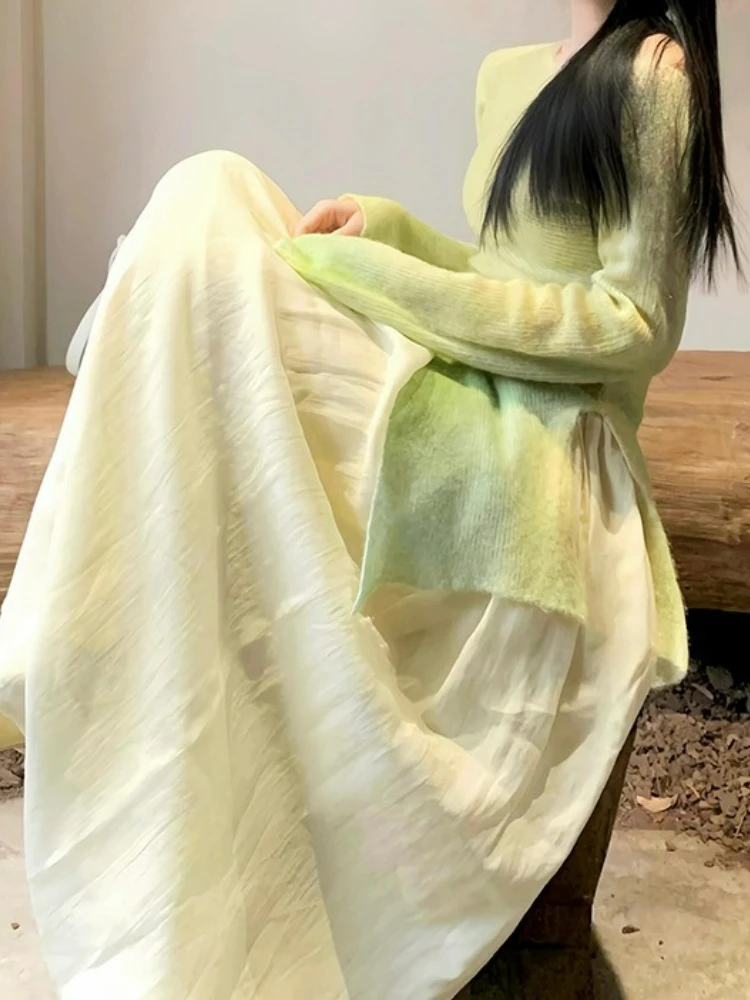 outfit with green gradient irregular design, knitted sweater for women, fashionable high waisted slimming skirt set for women