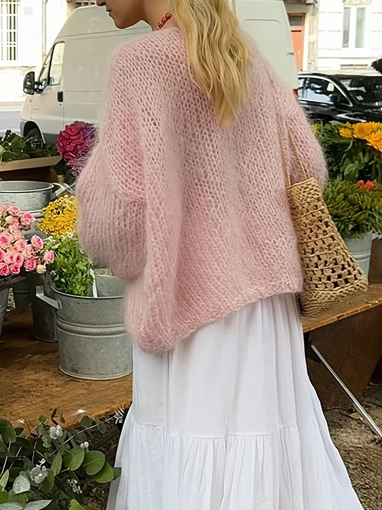 Talenza femmes rose tricots mode épaules dénudées décontracté surdimensionné pulls nouveau bureau dame printemps automne femme chandails