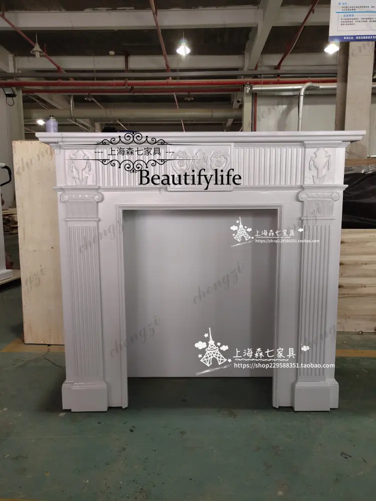New European solid wood carving flower white fireplace cabinet American light luxury interior background wall living room retro