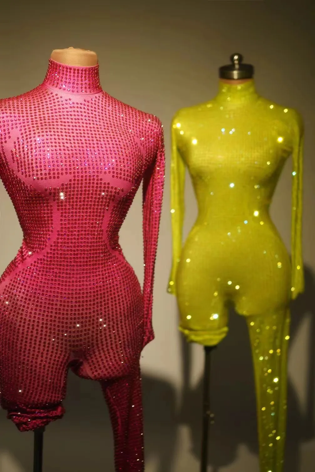 

sparkly crystal long sleeve rompers pole dance bodycon bodysuits stage performance wear women's party one piece sexy jumpsuits