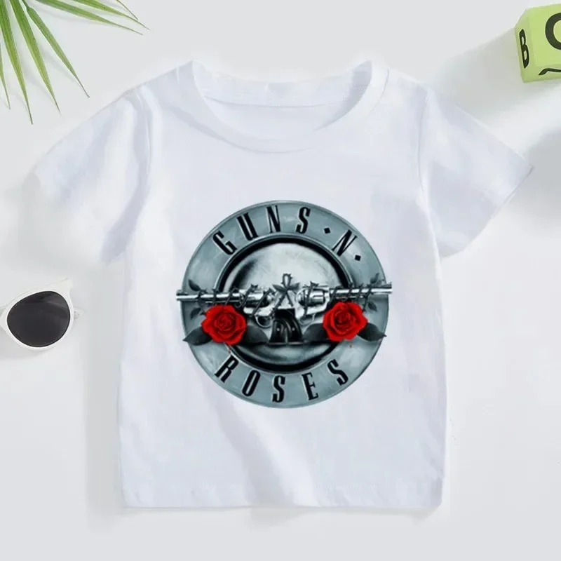 Summer Children\'s T Shirt 2T~14T Rock Band Gun N Roses Boys and Girls Kpop Music Short Sleeve Tops Kids Casual Cotton Clothes