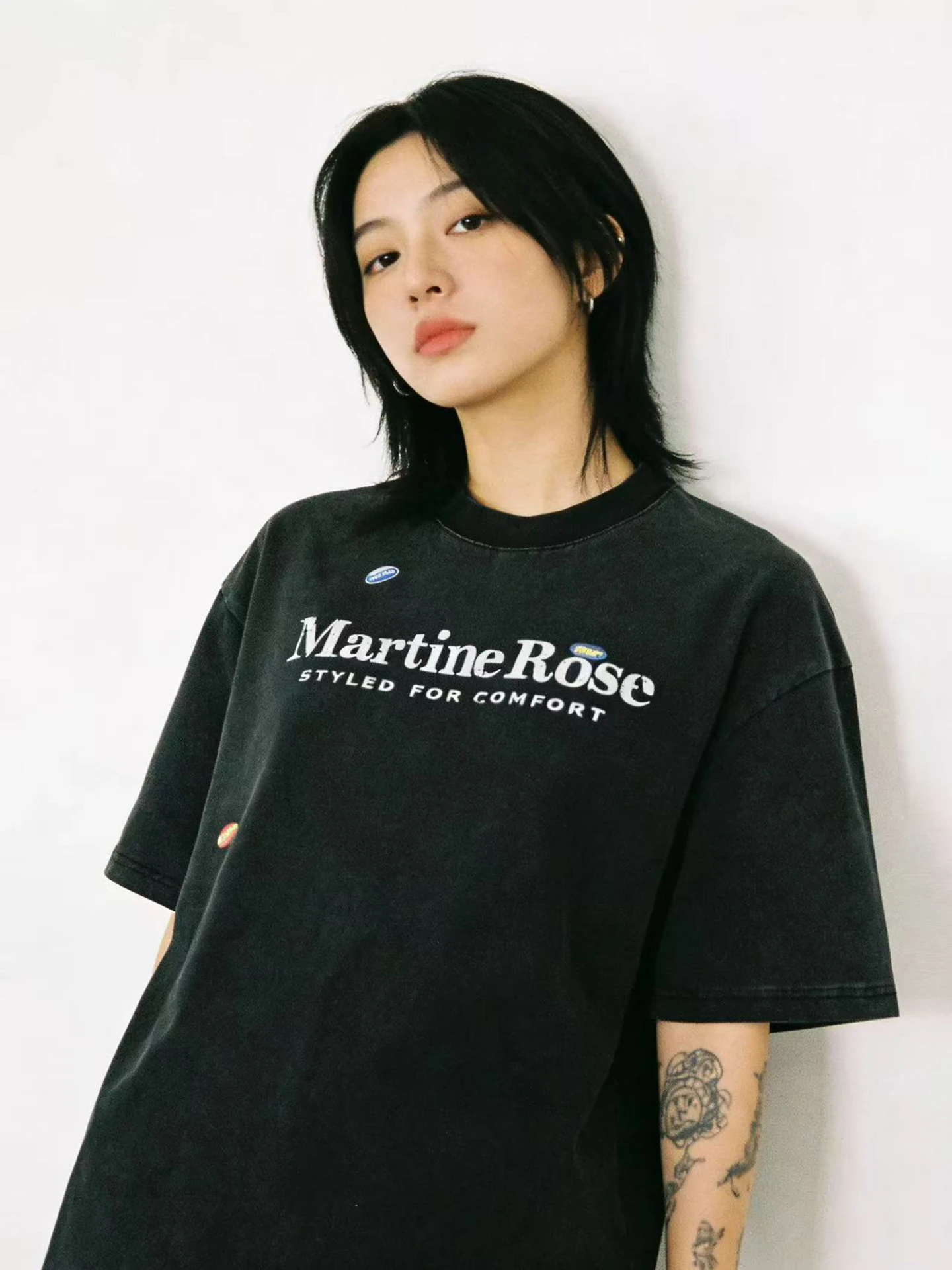 Martine Rose American Style Heavyweight Washed Graffiti Sticker Loose Unisex Short Sleeve T-Shirt Summer Casual Cotton Tee