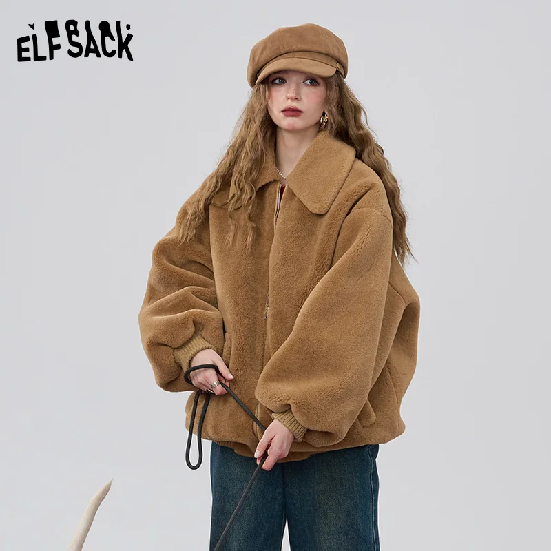 ELFSACK 2024 Winter New Arrivals Retro khaki loose collar imitation plush thick coat for women