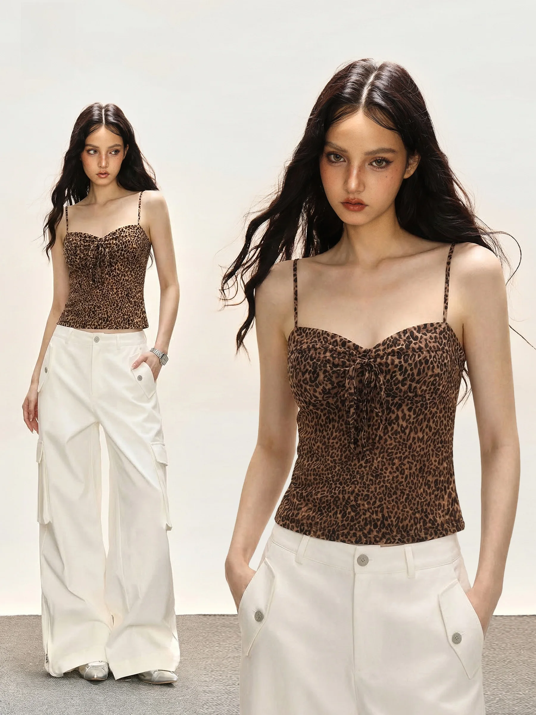 

Sexy Leopard Print Halter Top Women's Summer American Design Knot Waist Sleeveless Short Shirt Knot T-Shirt for Girls