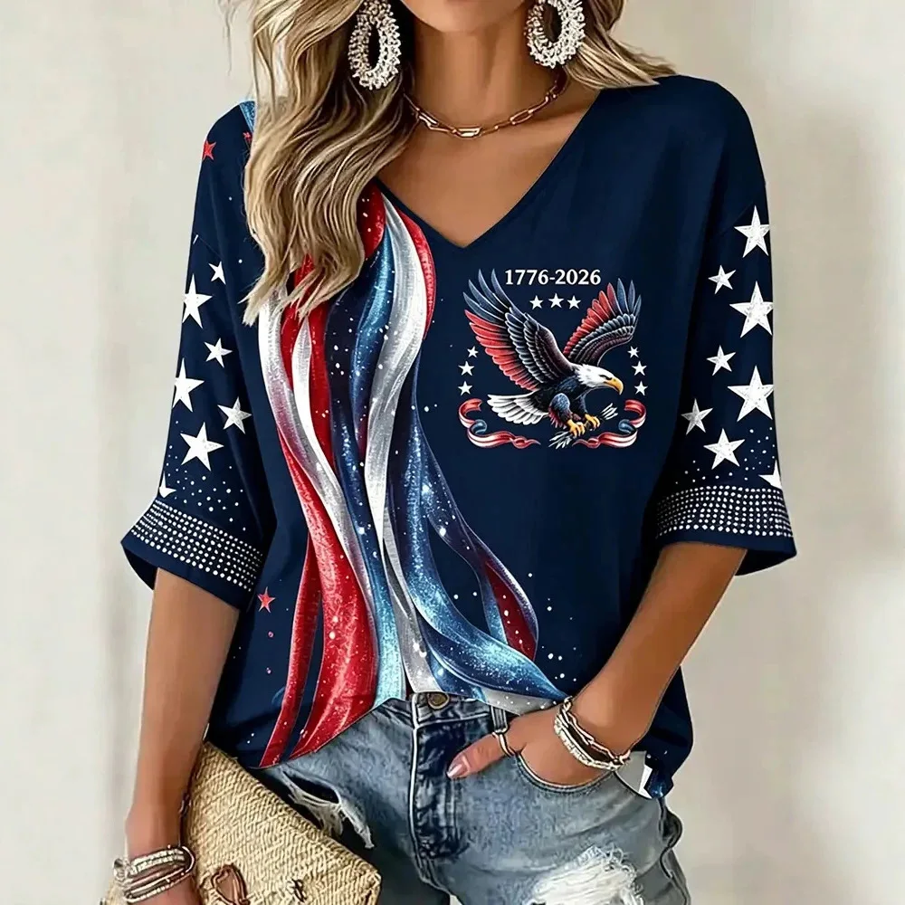 Women 1776-2026 250th Anniversary Patriotic Flowing Flag Eagle Star Sleeve Loose V-Neck Tee Top