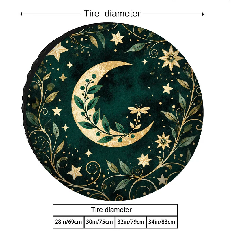 Fit Car Wheel Cover With Emerald Green Botanical Vine, Dragonfly & Berry Pattern - Golden Crescent Moon & Leaf Design, Ornate Fa