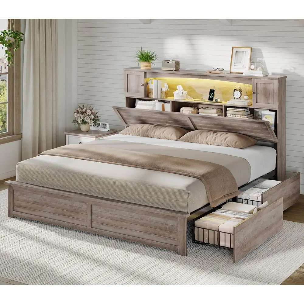 

Farmhouse King Size Bed Frame with Bookcase and Storage Cabinets Headboard, Wood Platform Bed with LED Lights, Charging Station