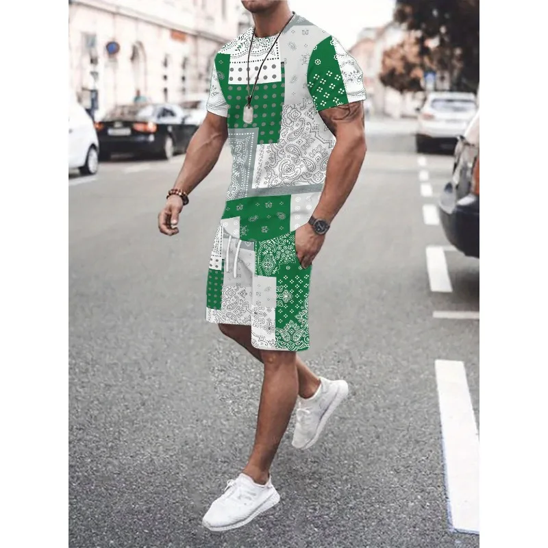 2025 Summer Men's Casual 3D Digital Printed 2-piece Set Short Sleeve Round Neck T-shirt Sports Shorts Outdoor Wear