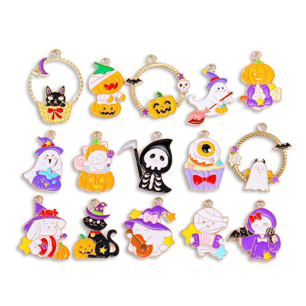

15 Styles Reaper Ghost Pumpkin Enamel Halloween Alloy Pendant Charm for Jewelry Making Party Earrings Necklace DIY Accessories