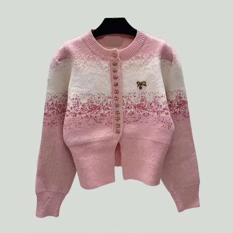 

Autumn Winter New Contrast O-neck Short Style Knitted Cardigan Women Clothing Fashion Bow Commute Warm Sweaters