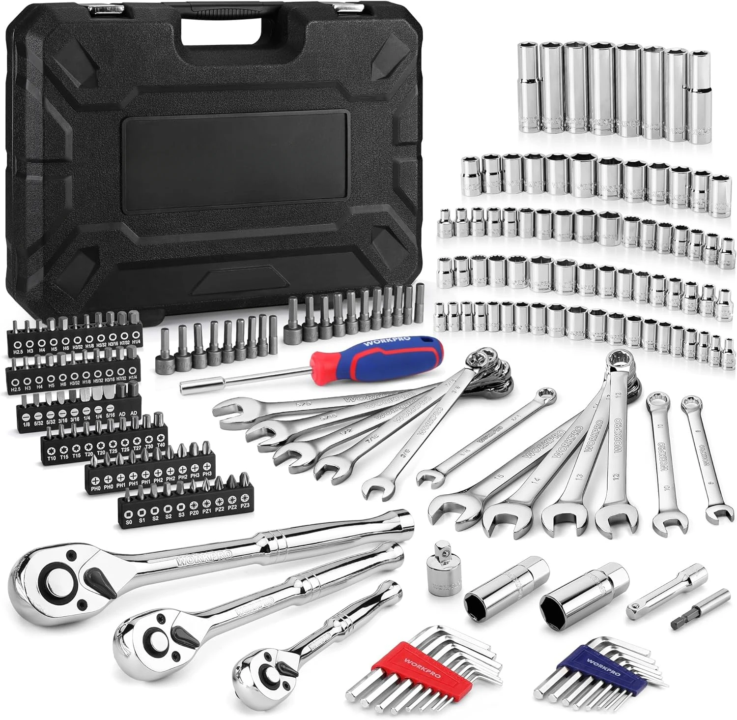 Mechanics Tools Kit and Socket Set, 192-Piece, SAE&Metric, 1/2'', 1/4'', 3/8'' Drive Socket Ratchet Wrench Set with Molded Case