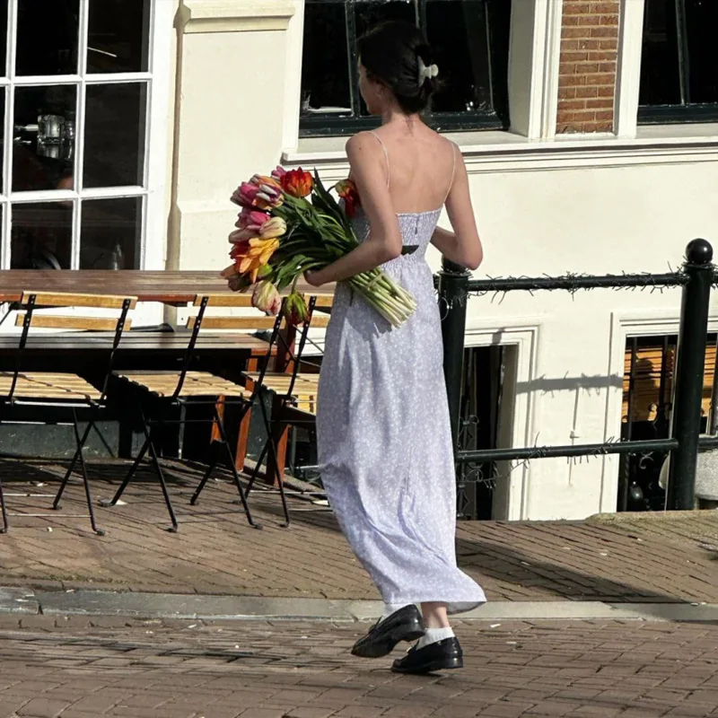 Robe à bretelles florale pour femmes, col Slash, plis, ample, dos nu, Slim Fit, hauts à la mode, jupe crayon longue, nouvelle collection 2025