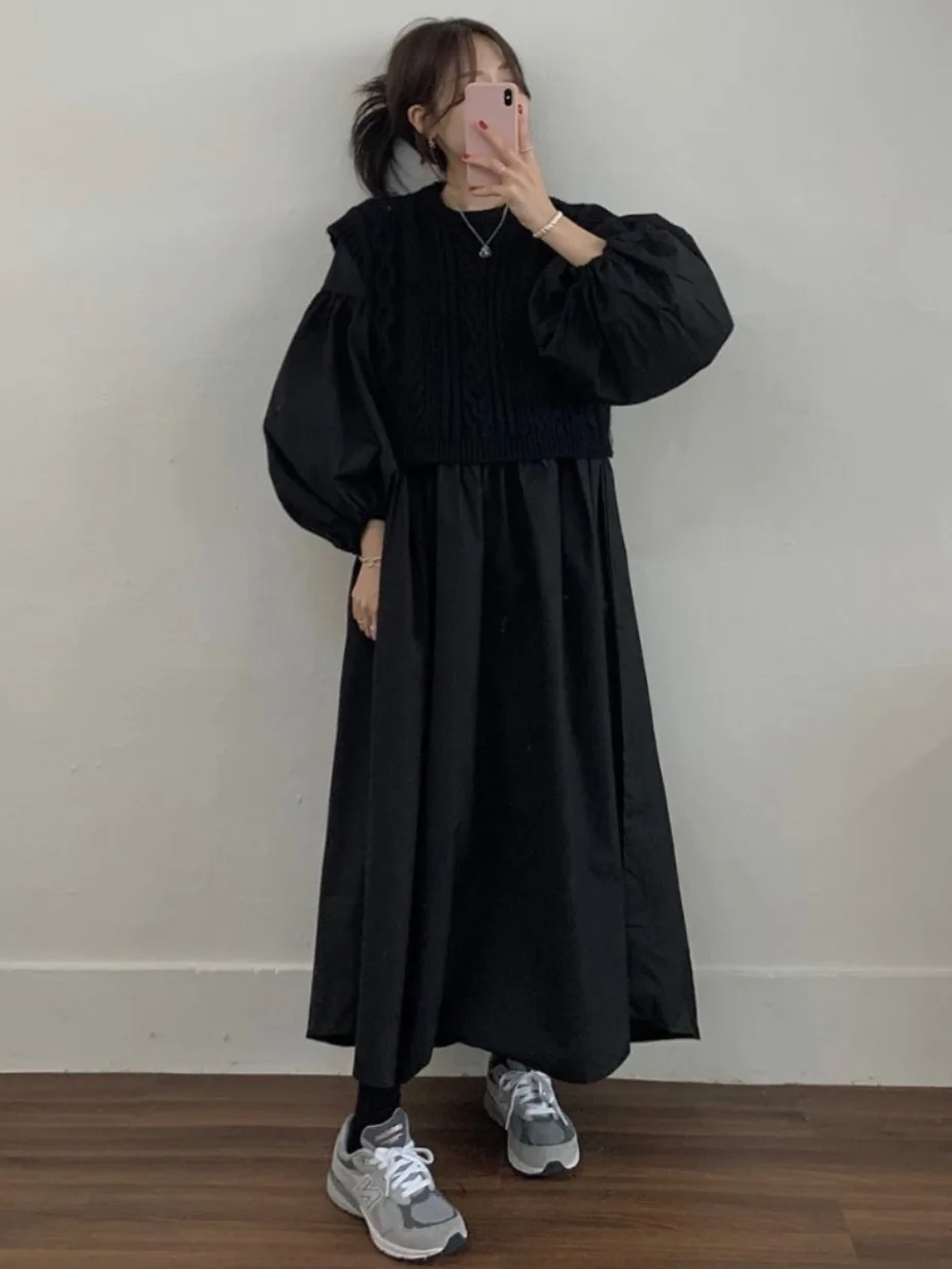 Laid-ba Sle Loose Long Dr Damen Chic Frühherbst Lantern Sve Faion A-Linien-Rock Neun-Punkt-Swe-Länge
