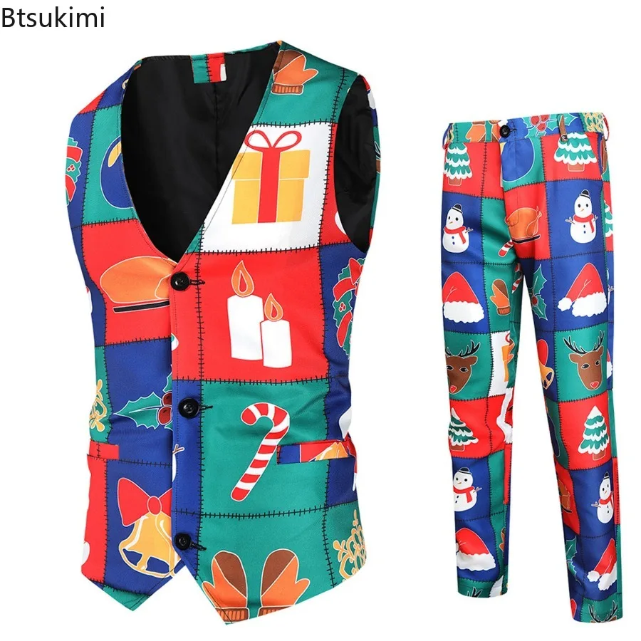 Plus Size 4XL Men's Christmas Two Piece Sets Fashion 3D Funny Print Men Casual Party Sets Single-breasted Vest Jacket and Pants