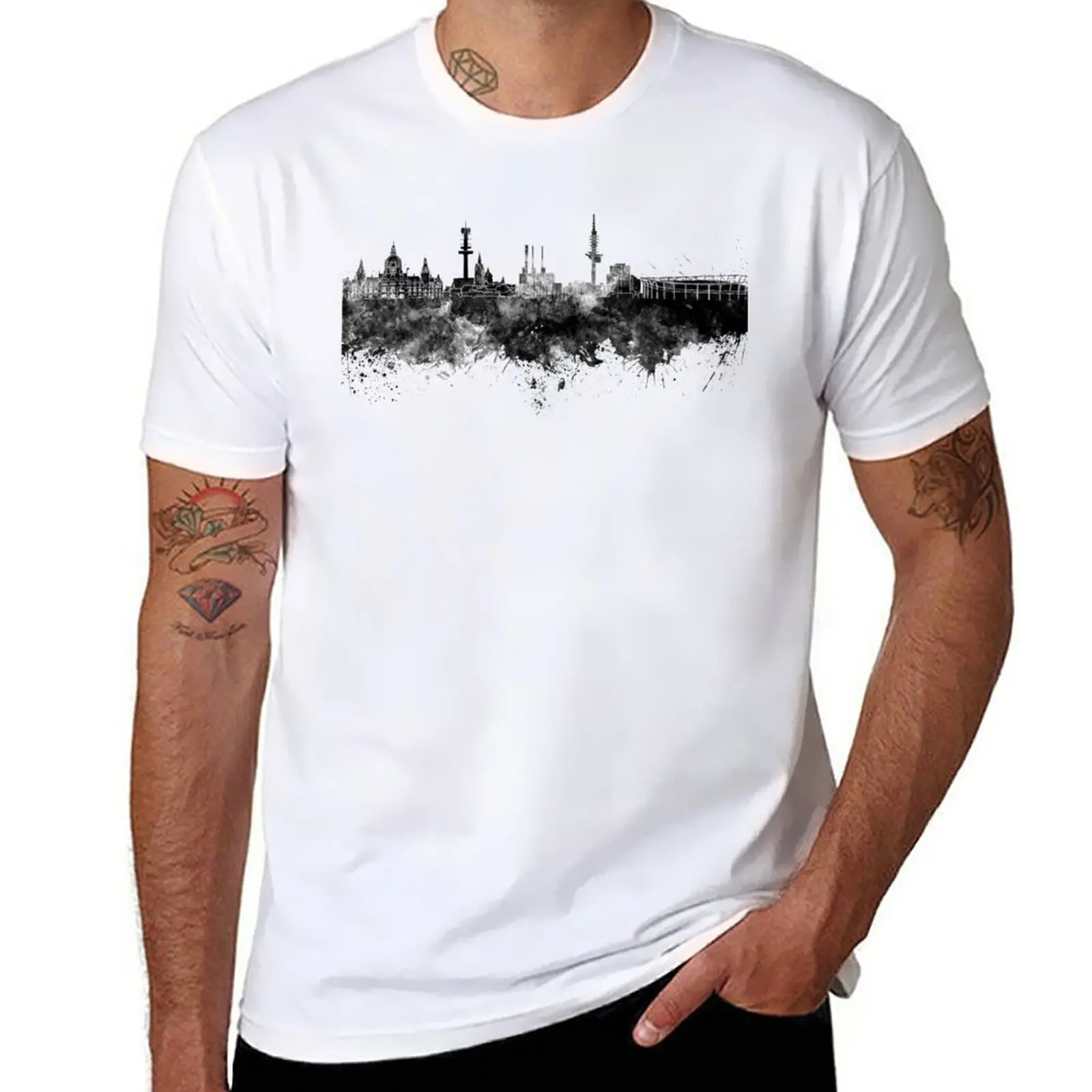 New Hannover skyline in black watercolor T-Shirt sports fan t-shirts graphics t shirt Men's t shirts