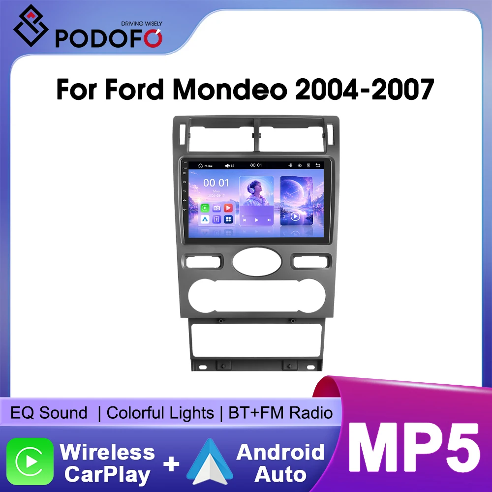 Autoradio stereo Podofo da 9 pollici per Ford Mondeo 2004-2007 con CarPlay wireless, Android Auto, Bluetooth, Mirrorlink, lettore multimediale video
