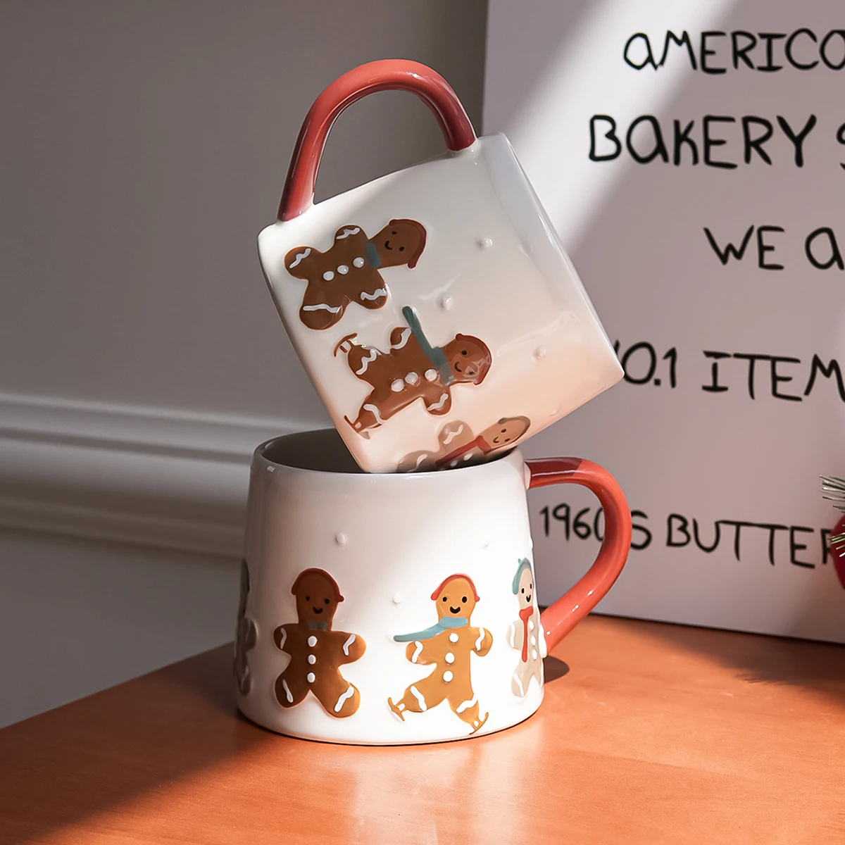 Christmas Gingerbread Man Ceramic Mug Gingerbread Man Cookie Ski Shape Suitable for Christmas Family Party Dinner Drinking Cup