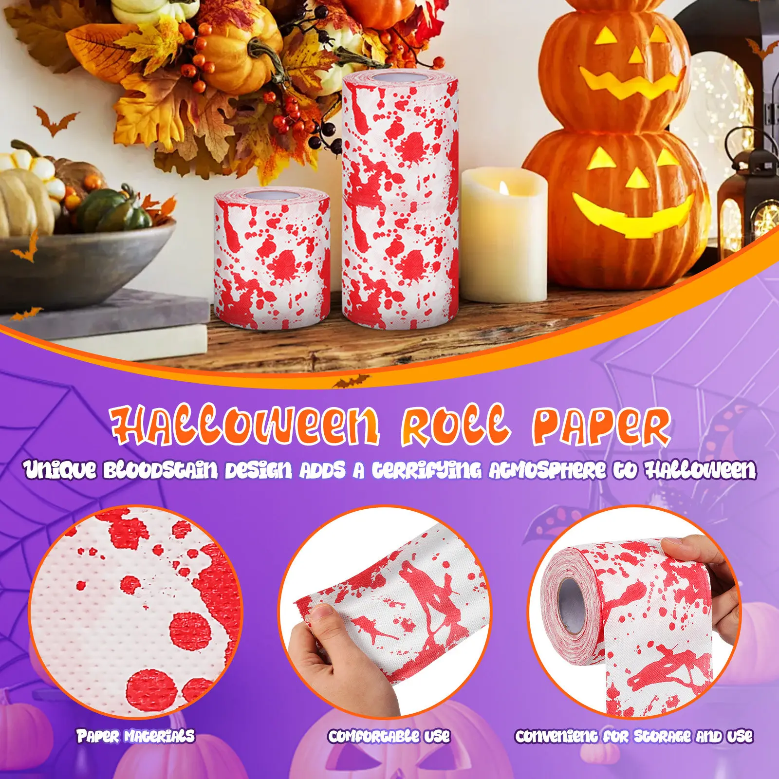 3 Rolki Papieru Toaletowego z Motywem Halloween, Papierowe Ręczniki do Łazienki, Horror, Krwawe, Rekwizyty do Psikusów, Prezenty na Halloween, Gadżety