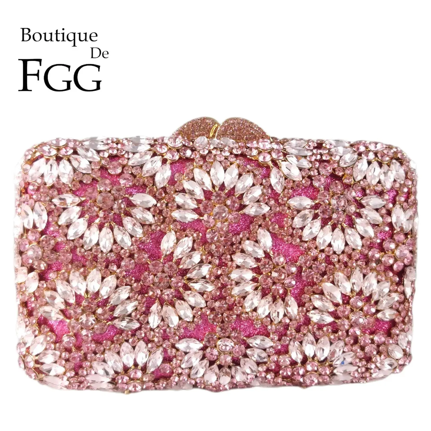 

Boutique De FGG Pink Evening Handbags and Purses Women Flower Crystal Clutch Bags Wedding Party Bridal Rhinestone Minaudiere Bag