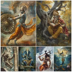 Nordic Style Hindu Mythology Wall Art Ganesha Vishnu Narasimha Canvas Painting for Living Room Unframed Poster Prints Decor