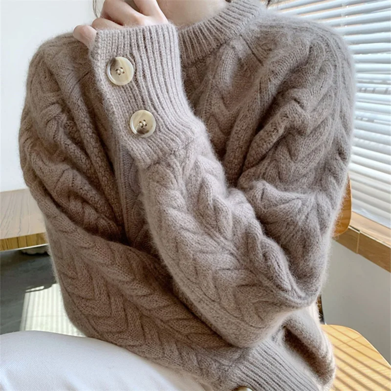 

Hsa 2023 New Women's Twist Knitted Button Sweater O-Neck Autumn Winter Pullover Retro Trend Casual Warmth Thickening Ins Tops