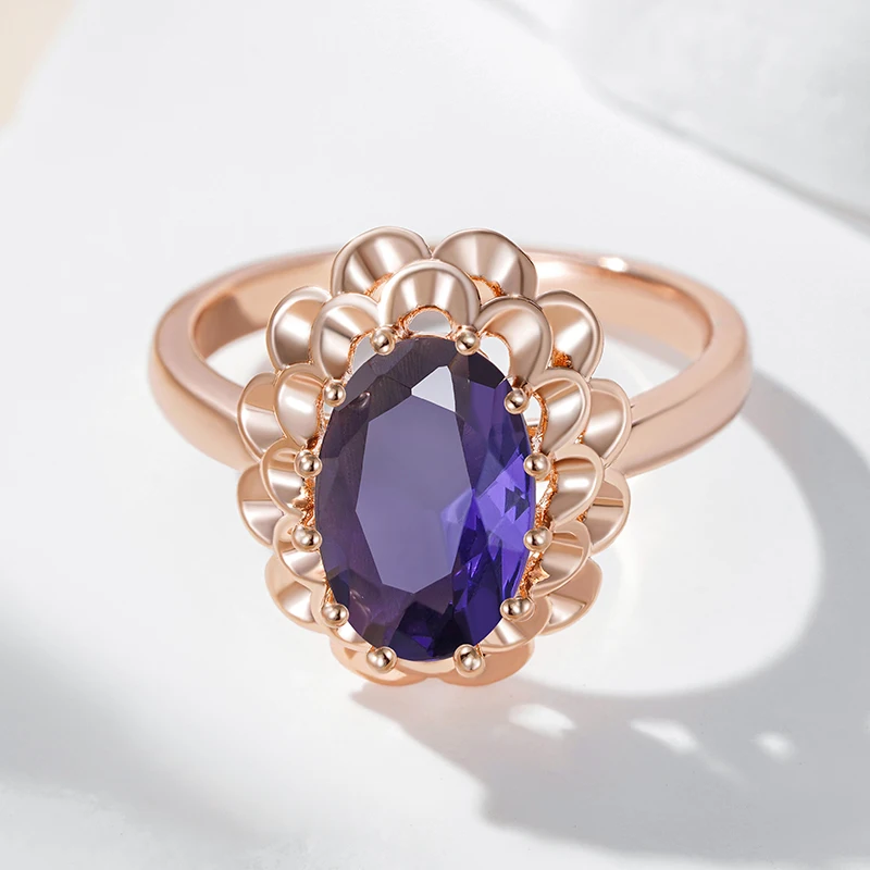 Kinel Hot Classic Big Oval Purple Natural Zircon Ring For Women Fashion 585 Rose Gold Color Crystal Flower Daily Vintage Jewelry image 3