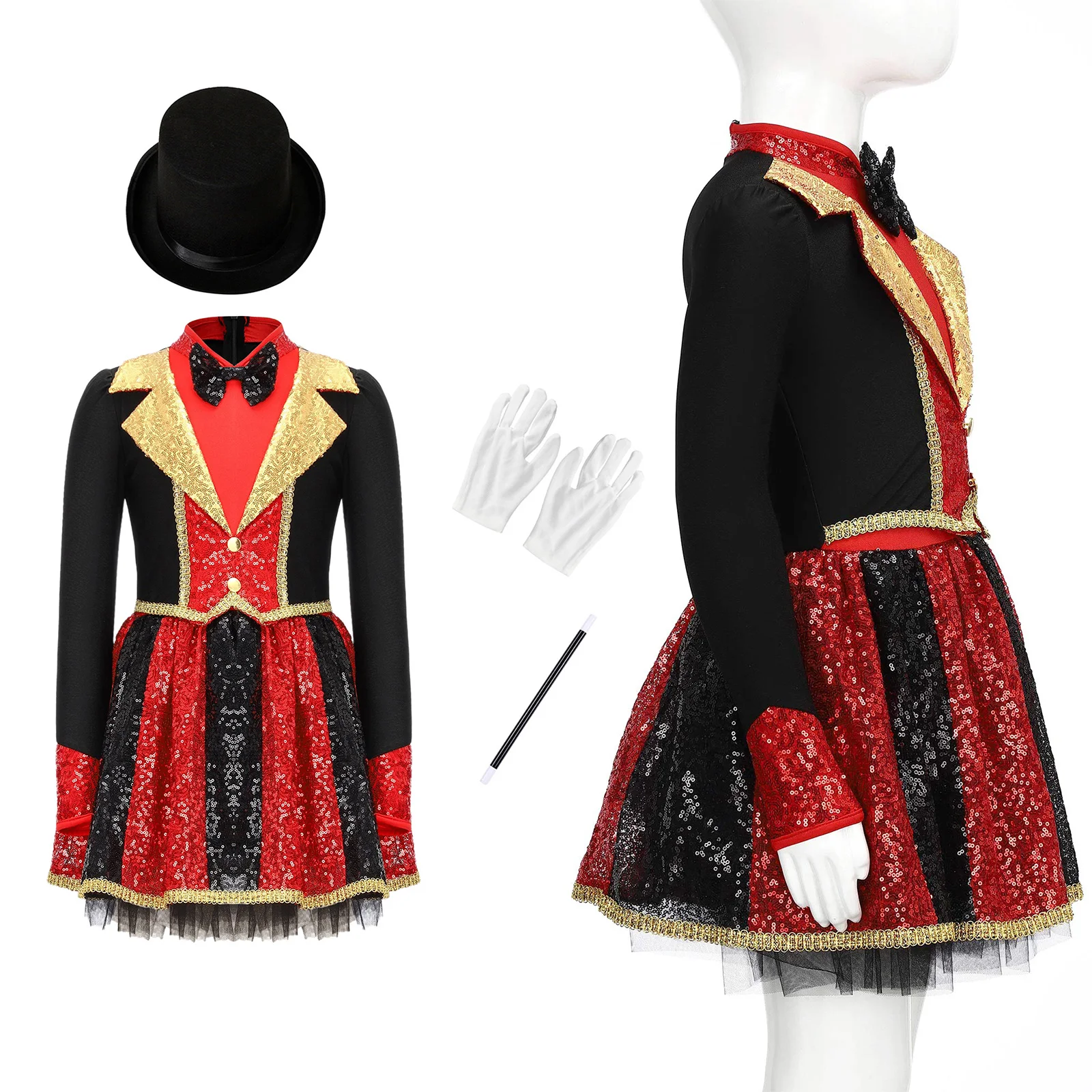 

Circus Ringmaster Stage Performance Costumes Long Sleeve Bow Tie Puffy Dress And Bowler Hat Gloves Magic Wand Suits