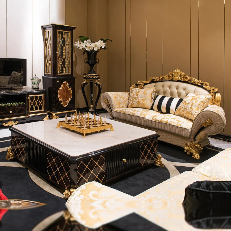 ！@High Quality Antique Wooden Center Table for Living Room Luxury Marble Coffee Table Set