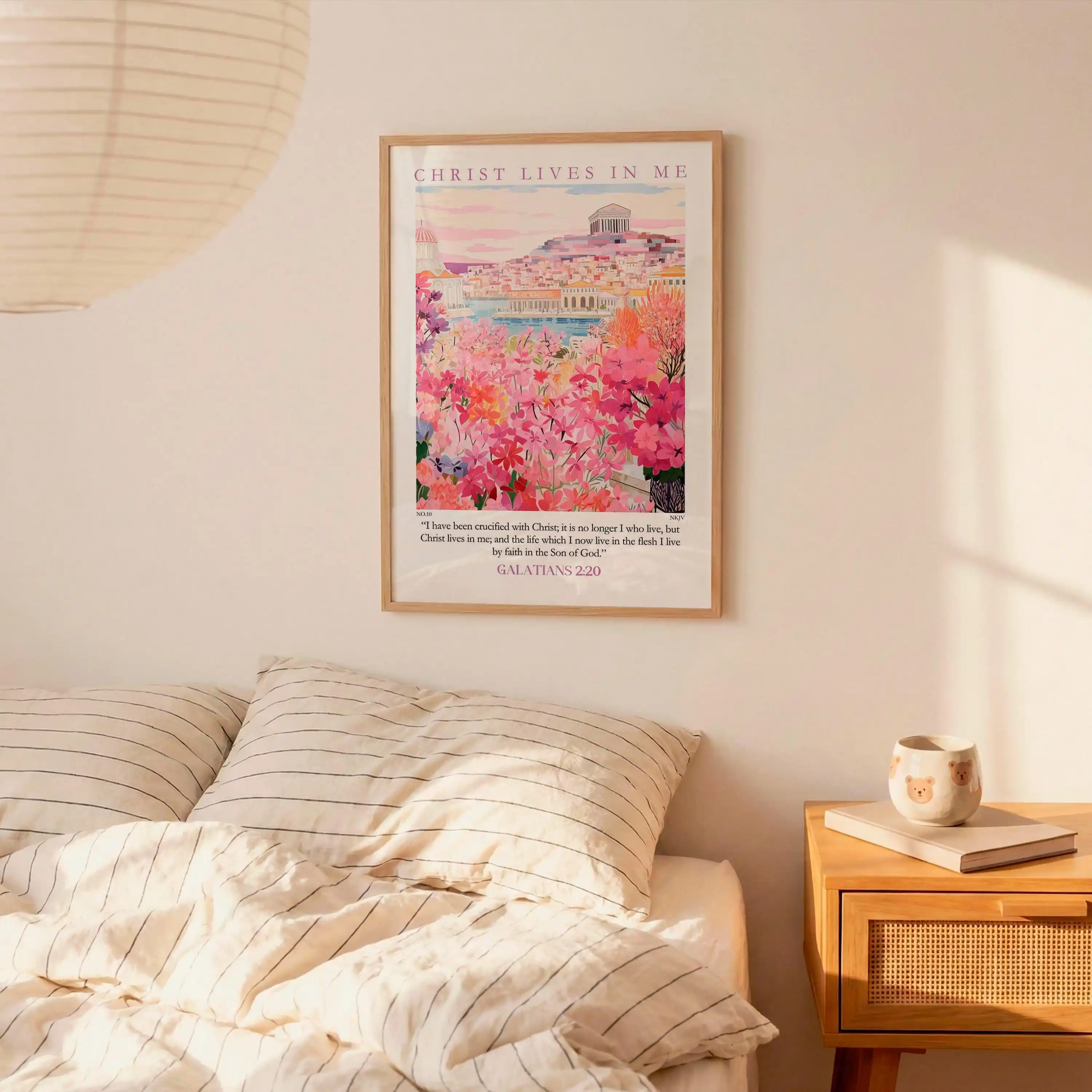Christian scripture decoration poster featuring the Acropolis of Athens and pink flowers.