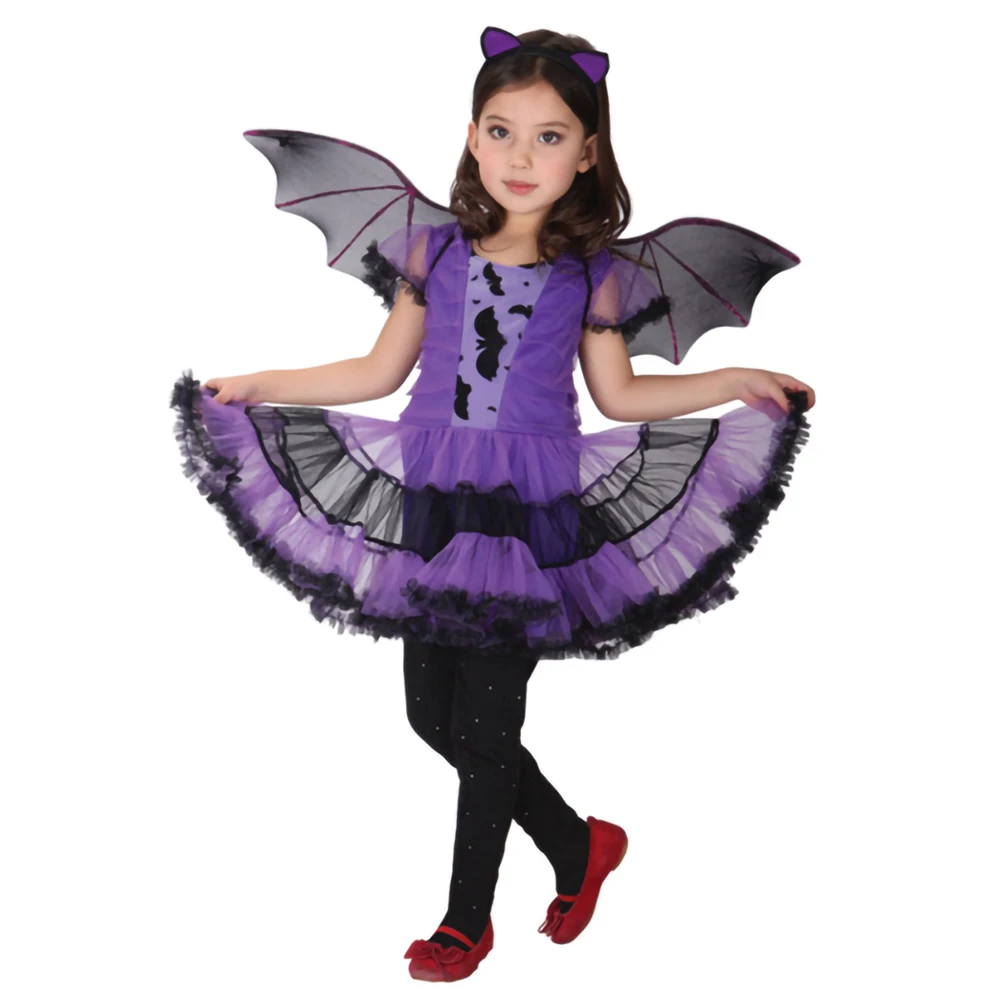 Kids Girls Purple Bat Vampire Princess Dress Fancy Cosplay Costume Witch Clothes with Wing Halloween Role Play Clothing