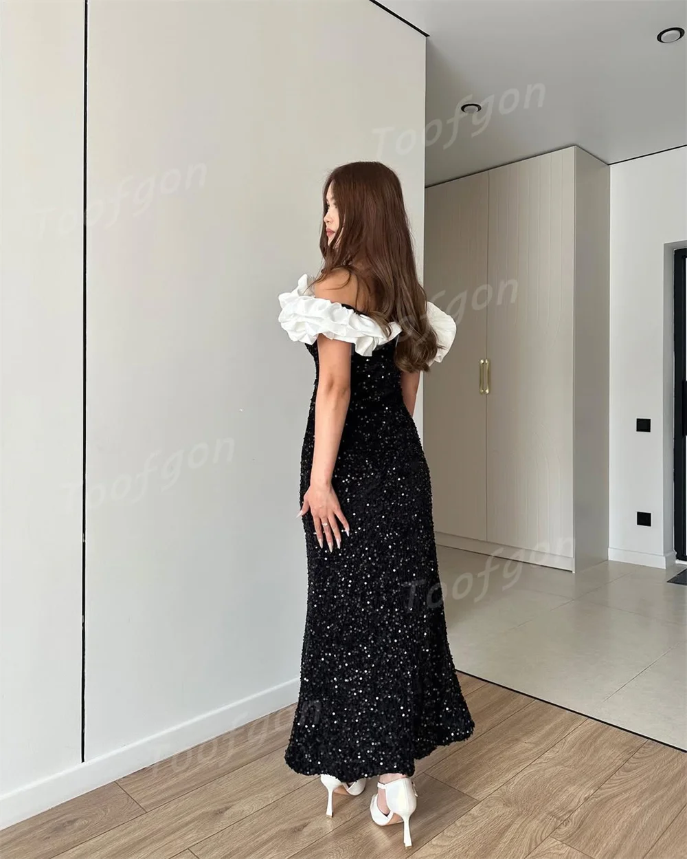 Toofgon Luxury Mermaid Evening Dresses Off Shoulder Sequins Lace Sparkly Special Evening Gown Women Birthday Occasion Customized