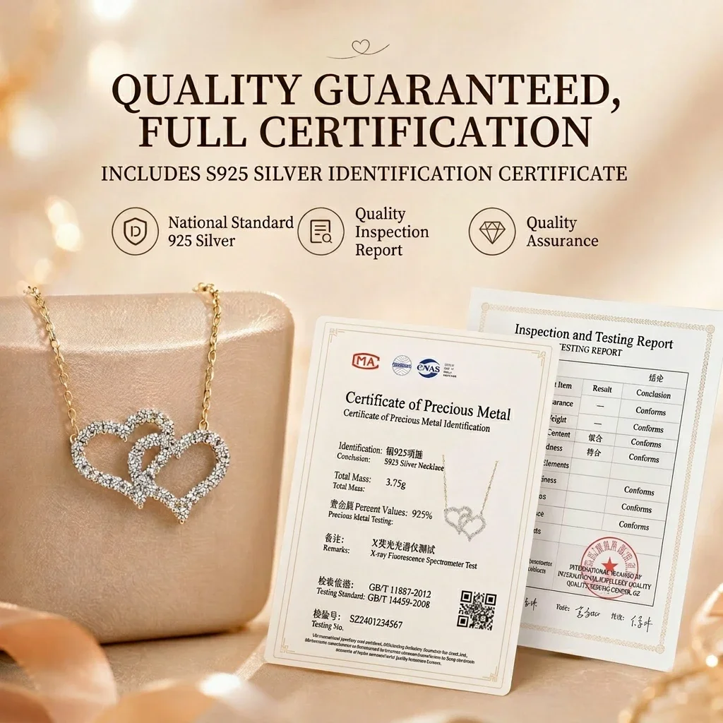 S925 Sterling Silver Interlocking Double Heart Moissanite Pendant Necklace D Color 2mm Micro Inlay 18K Gold Plated Romantic Love
