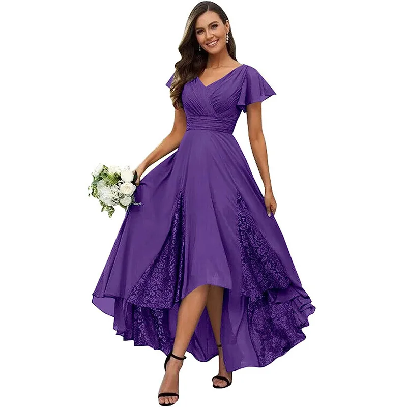 Vestidos para madre de la novia con cuello en V, apliques de encaje con volantes, vestido de fiesta de noche Formal para dama de honor, vestido de invitados de boda de manga corta