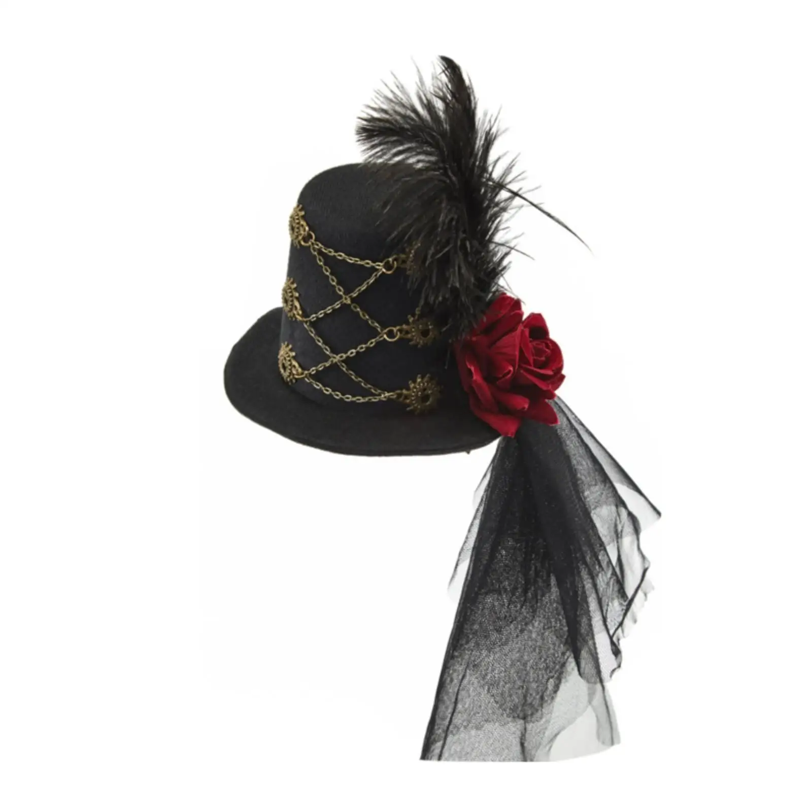 Gothic Steampunk Headpiece Mini Hat with Gear Design Feather and Tulle Drape for Cosplay Halloween Party and Themed Celebration