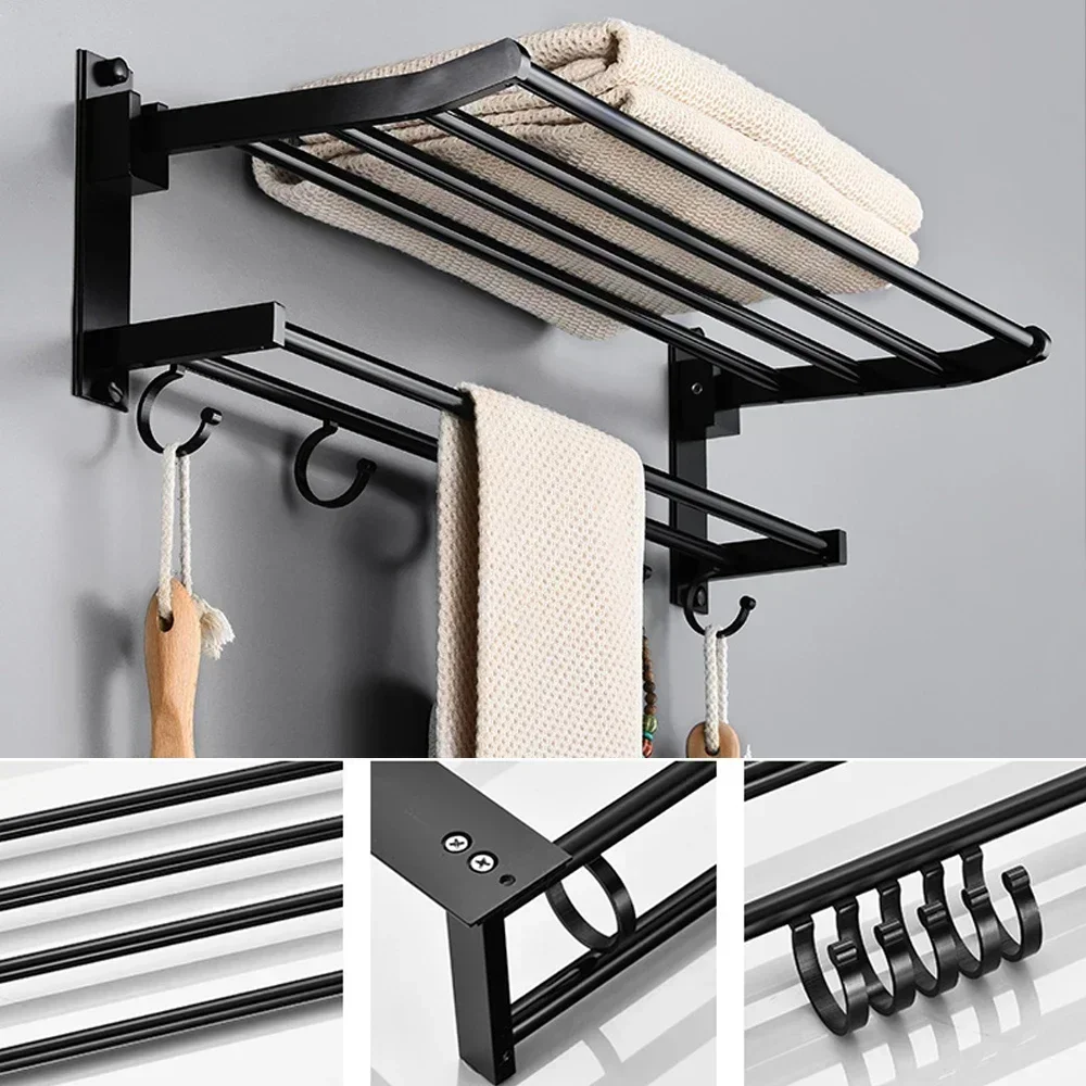 Towel Holder Wall Mounted Black Aluminum Surface Shower Bars Hanger Adjustable Fold Clothes Rack with Hooks Bathroom Accessories