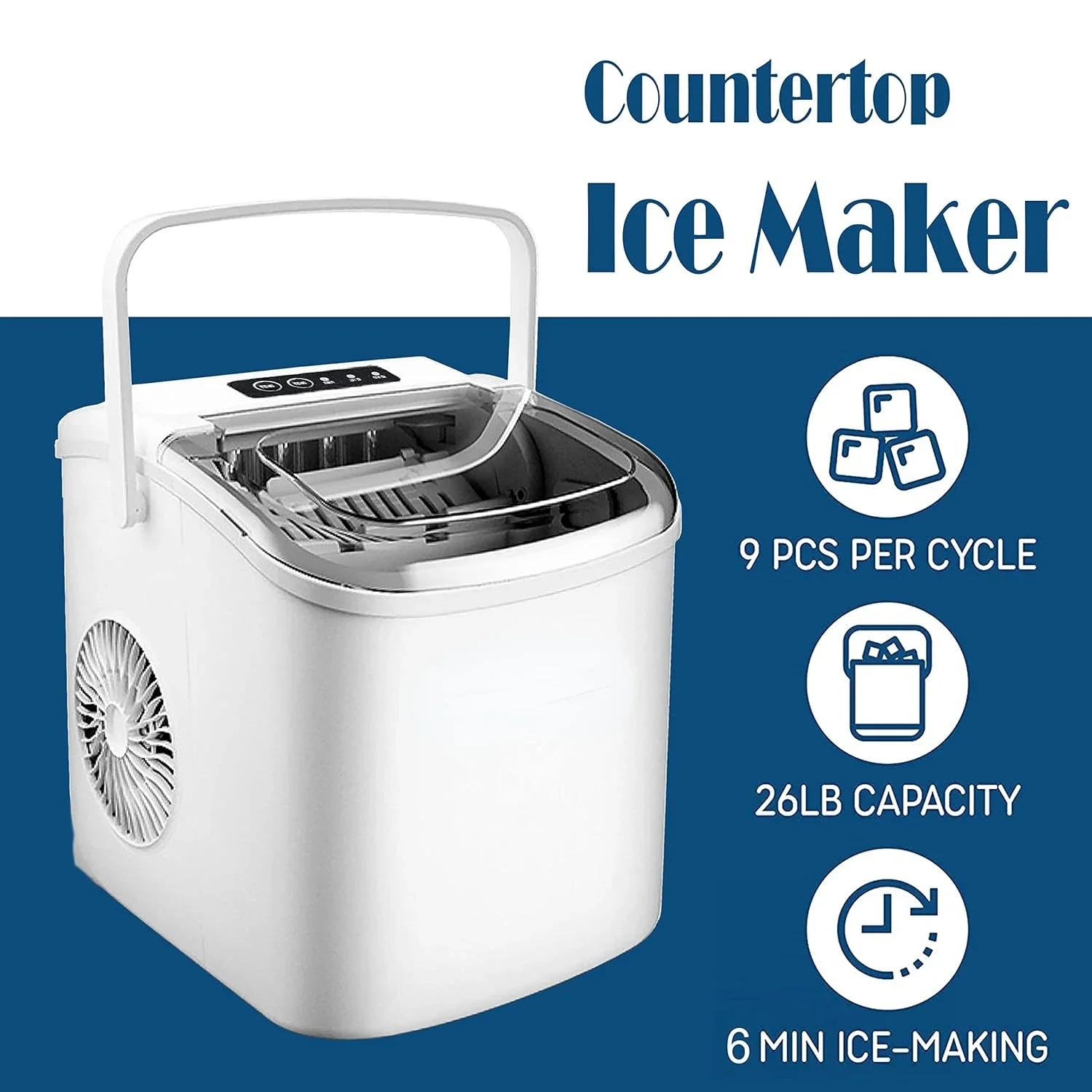 Máquina eficiente para hacer hielo en encimera que produce 9 cubitos de hielo en solo 6 minutos, capacidad de 26,5 libras/24 horas, función de autolimpieza, incluida