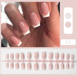 24Pcs Natural Nude French Wearable False Fake Nail Tips Full Cover Nails Gel Press On Detachable Finished Fingernail Nail Tool
