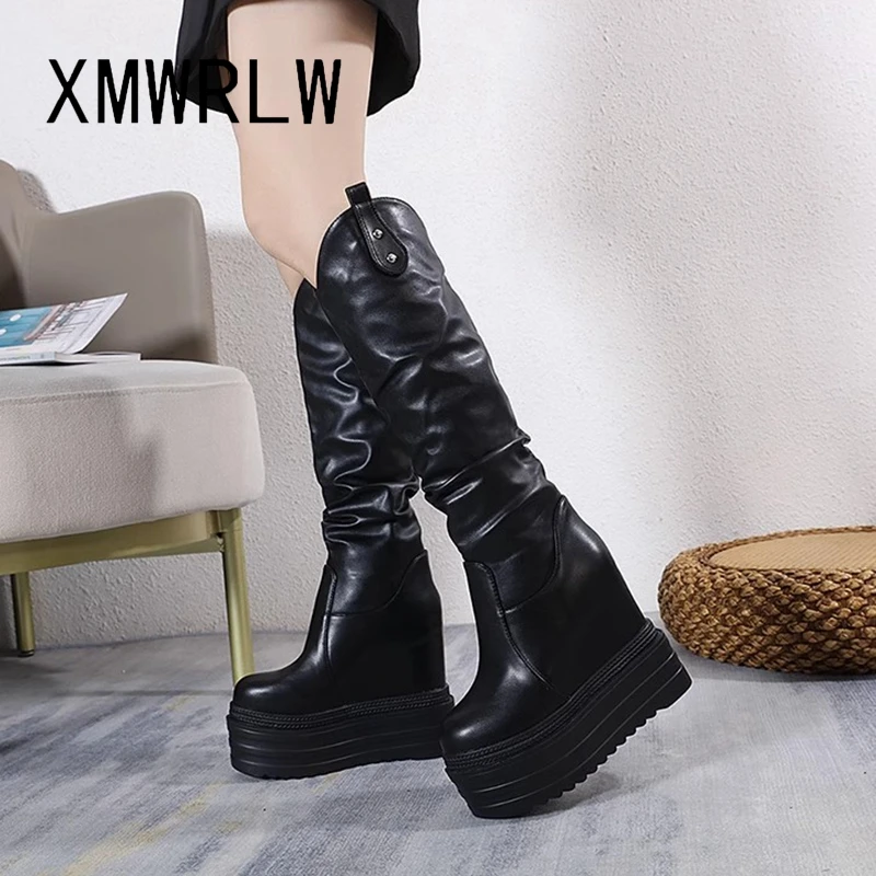 XMWRLW Women\'s Knee-High Boots Leather Platform Shoes Hidden Heel Women Shoes Thick Sole Women High Boots Autumn Winter Boot