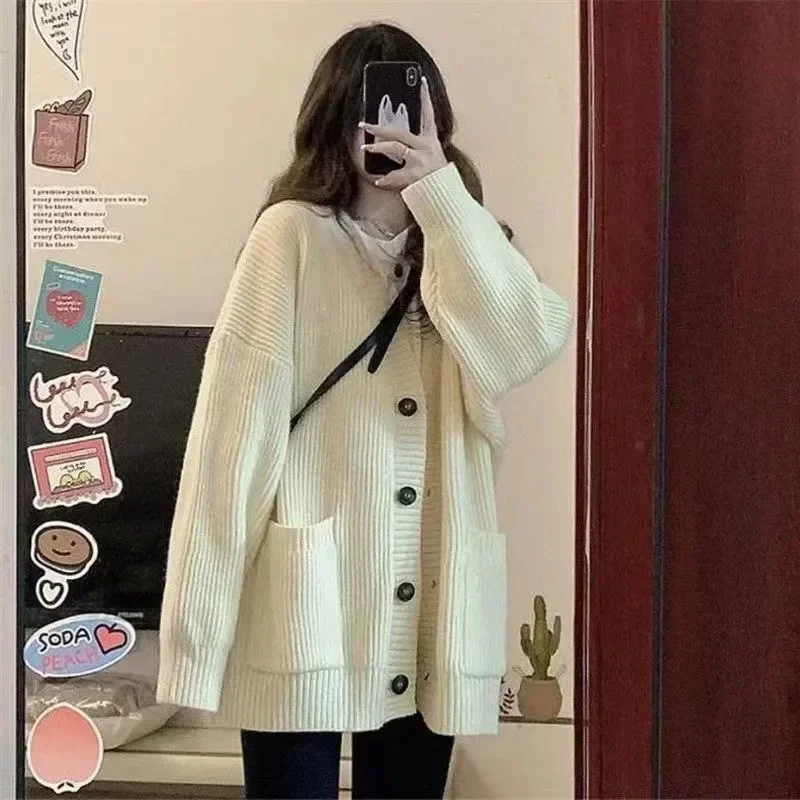 New Spring Autumn Solid Knitt Cardigan Sweater For Women Korean Fashion Baggy Oversized Hoodie Coat Sweatshirt Y2k Clothes