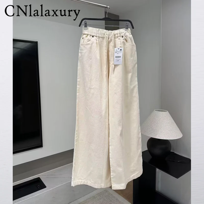 CNlalaxury 2024 Spring New Beige Trousers Vintage Wide Leg Denim Pants Female Women Loose Jeans