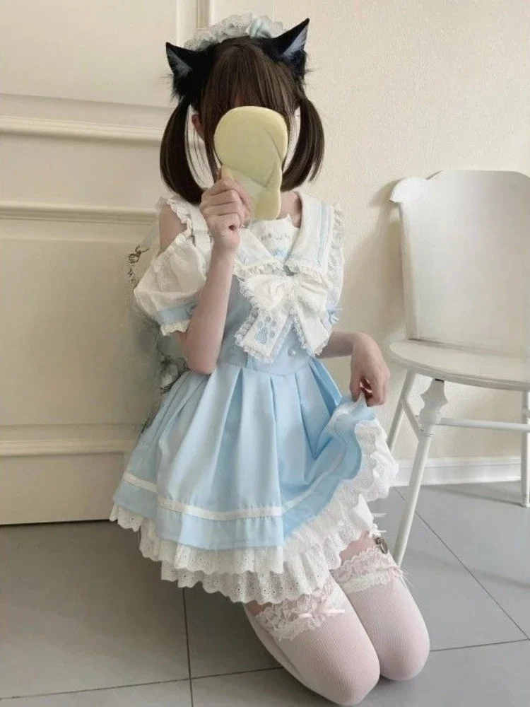 Japanese Kawaii Sweet Bow Lolita Dresses Preppy Style Sailor Collar Off Shoulder Vestidos Summer Lace Patchwork Grunge Dress