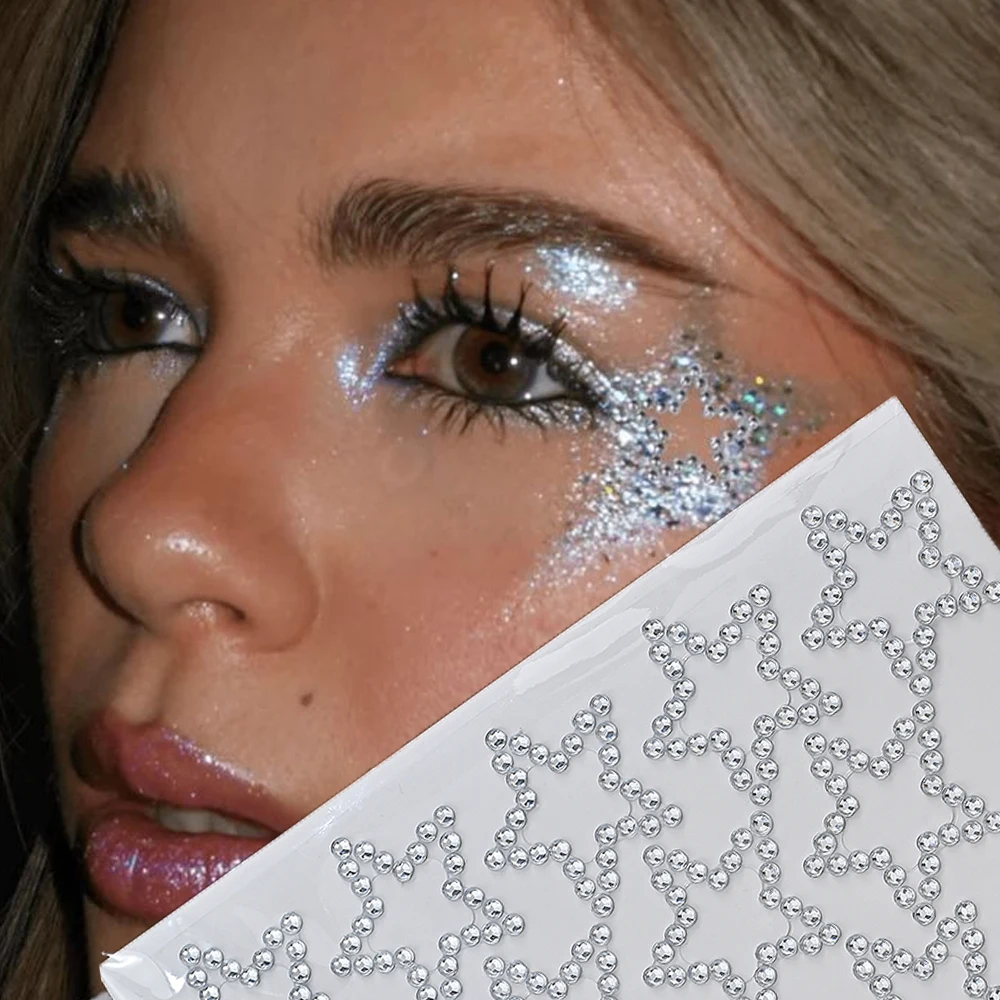 1Sheet Five-pointed Star Gem Facial Makeup Sticker 3D Self Adhesive Water Diamond Jewelry Decals Sparkly Rhinestone Hair Decor