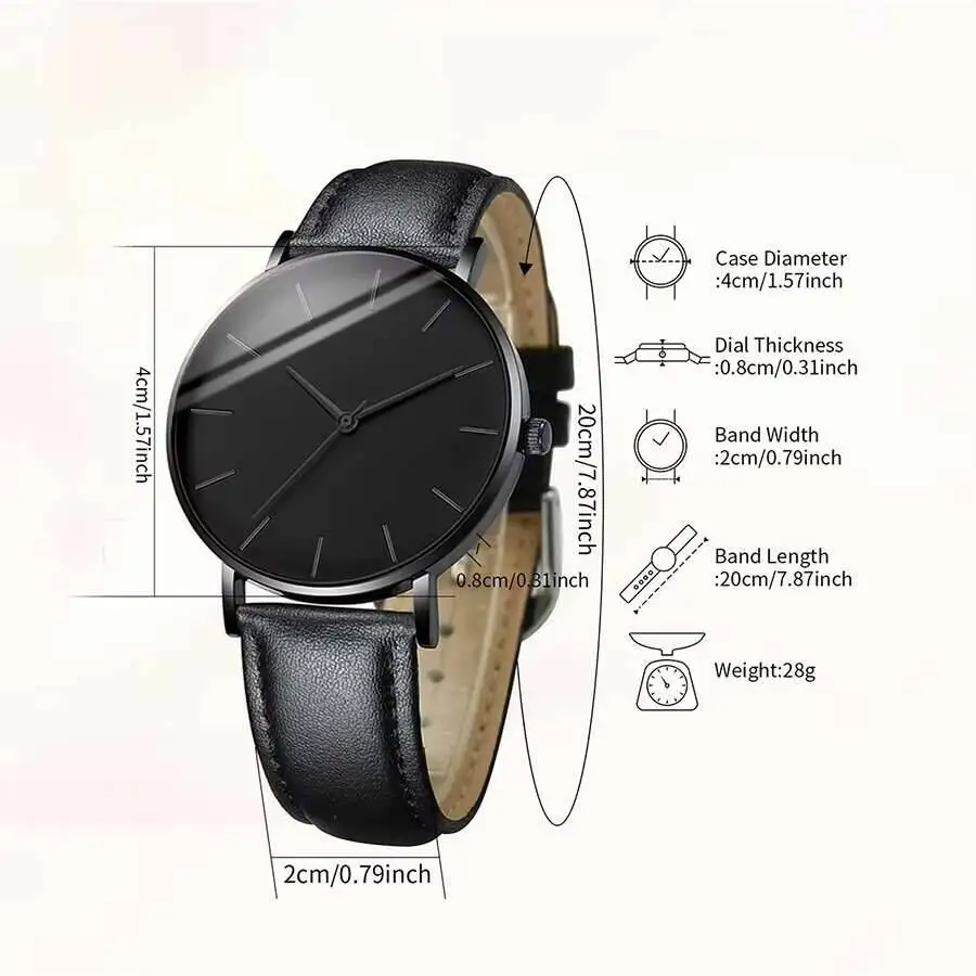 Men's Ultra-thin Dial Quartz Watch with Leather Band